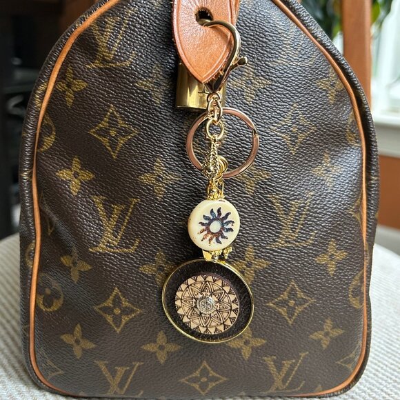 MANDALA LASER ENGRAVED Bag Charm Brown Gold Tone💮 - Picture 7 of 9